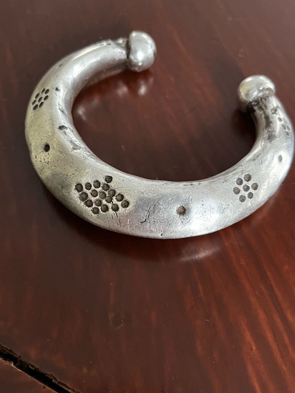 Vintage tribal silver handmade bracelet  features etched geometric designs.